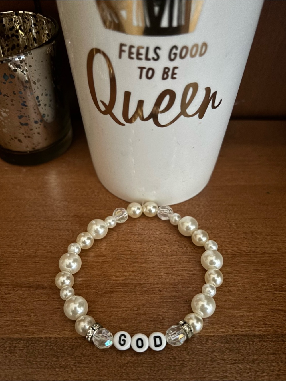 Pearl Beaded 'GOD' Stretch Bracelet - White -